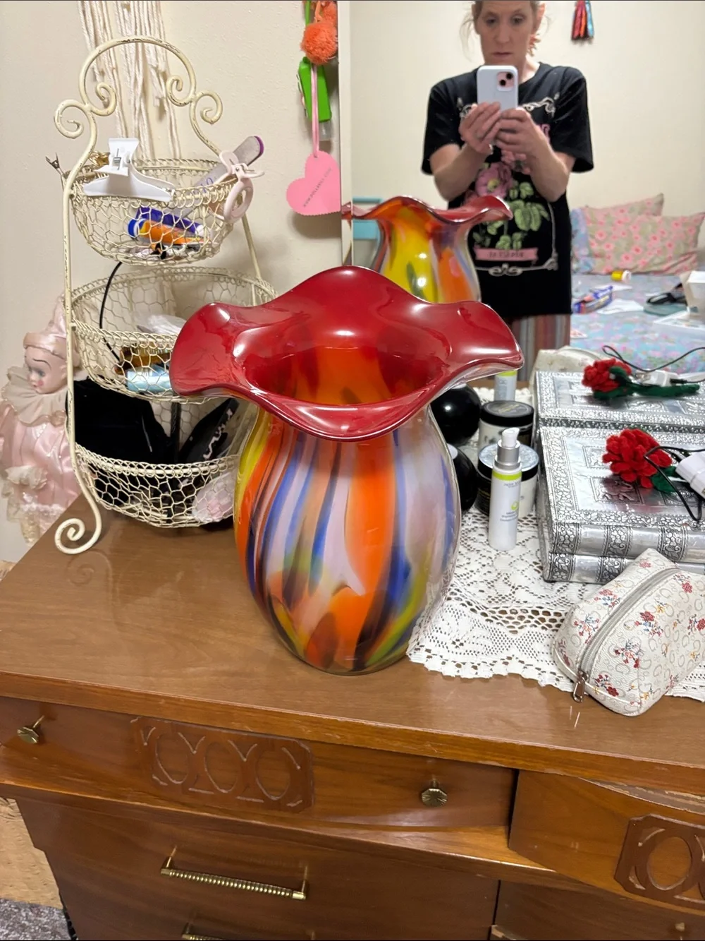 Multicolor Art Glass Ruffled Vase with Red Rim - Decorative Home Accent